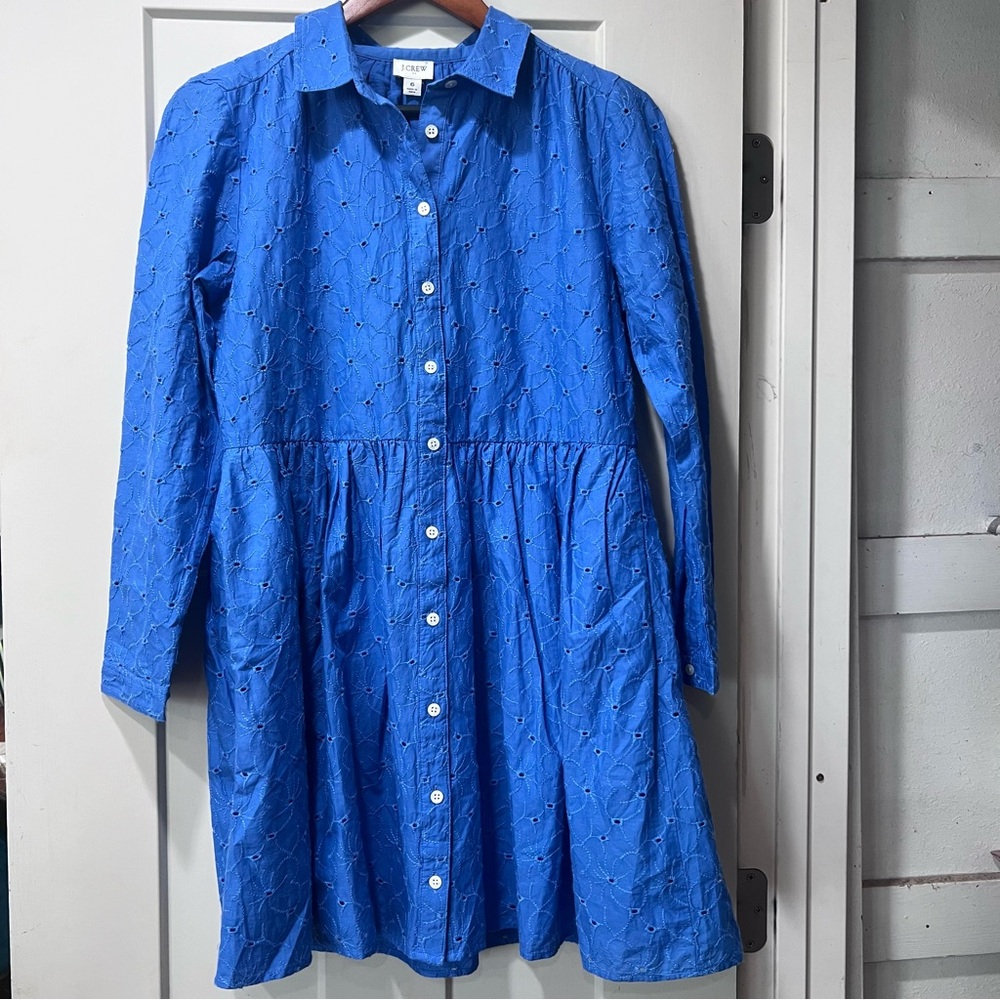 J. Crew Eyelet Shirt Dress Classic Button-Front Long Sleeve Women’s Dress Blue 6 - Picture 6 of 10
